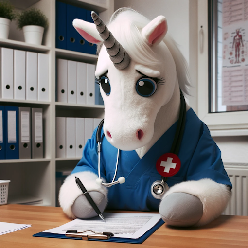 Einhorn im Arztkittel – humorvolles Maskottchen